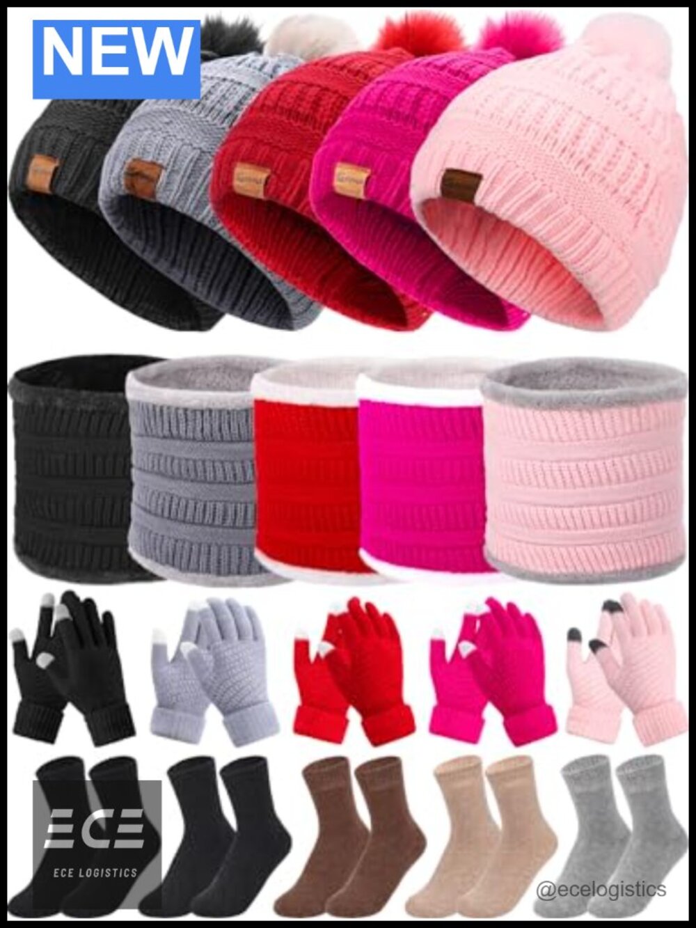 Knit Beanie Hat Scarf Touchscreen Gloves Socks Set 20pc